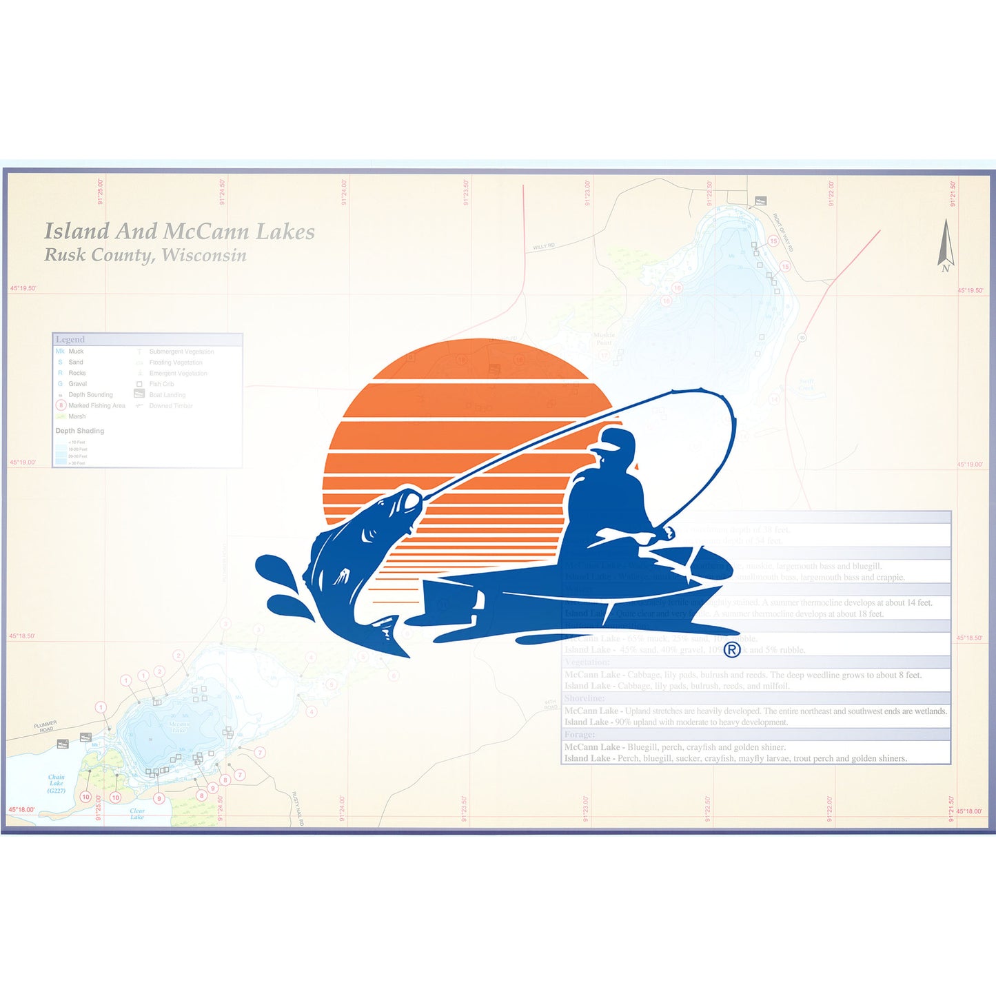 Island/McCann Lakes (Rusk Co) Fishing Map