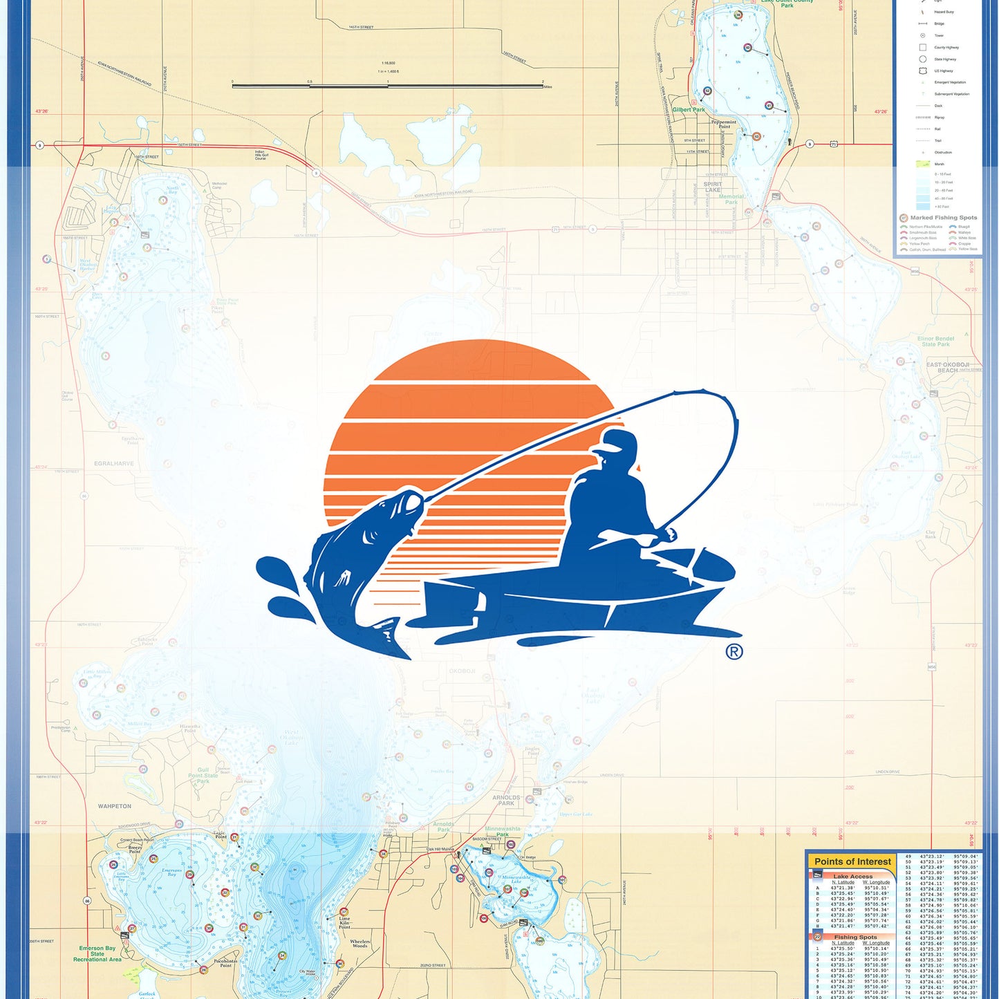Okoboji Lakes-East/West Fishing Map