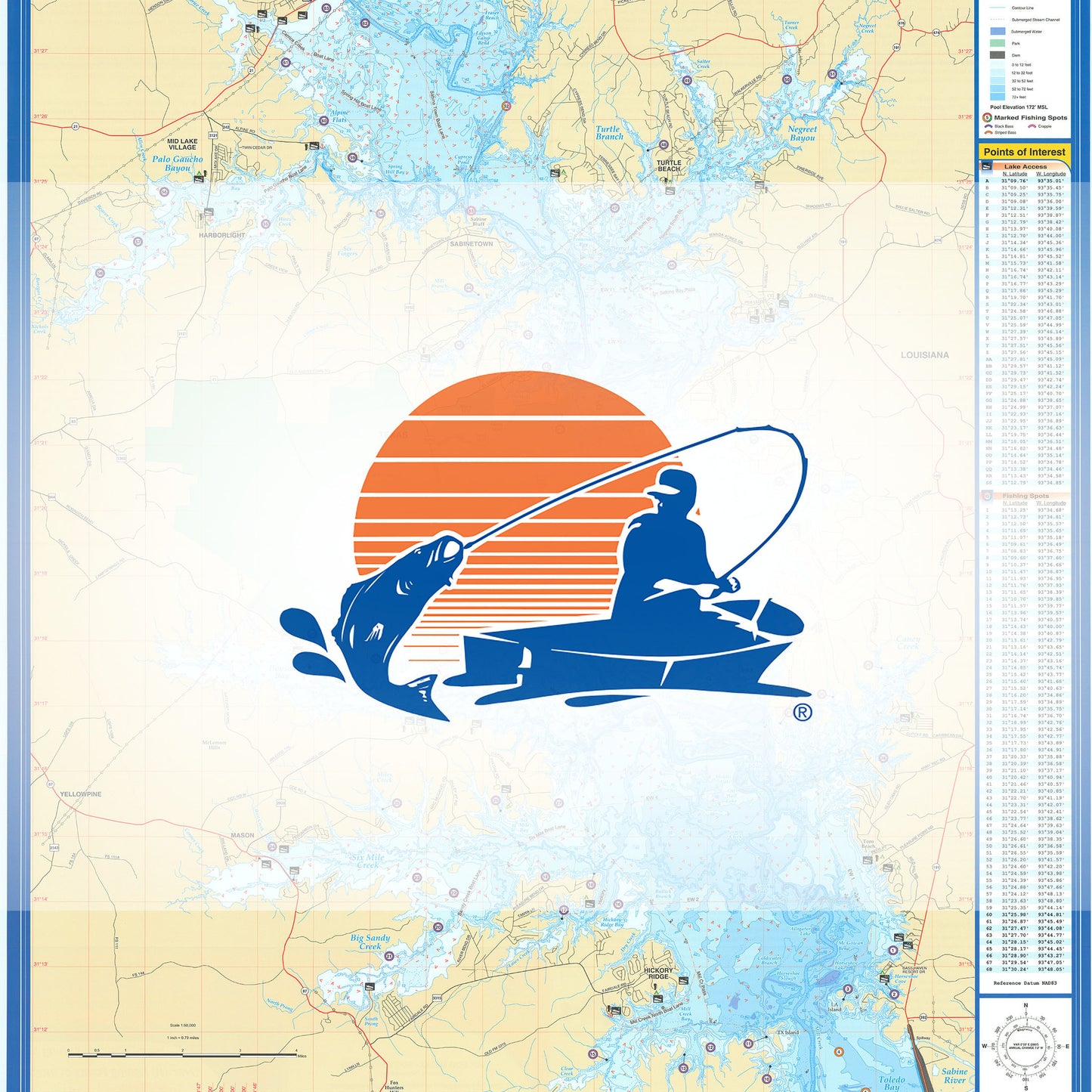 Toledo Bend-South Section (Dam to Patroon Bay - LA/TX) Fishing Map