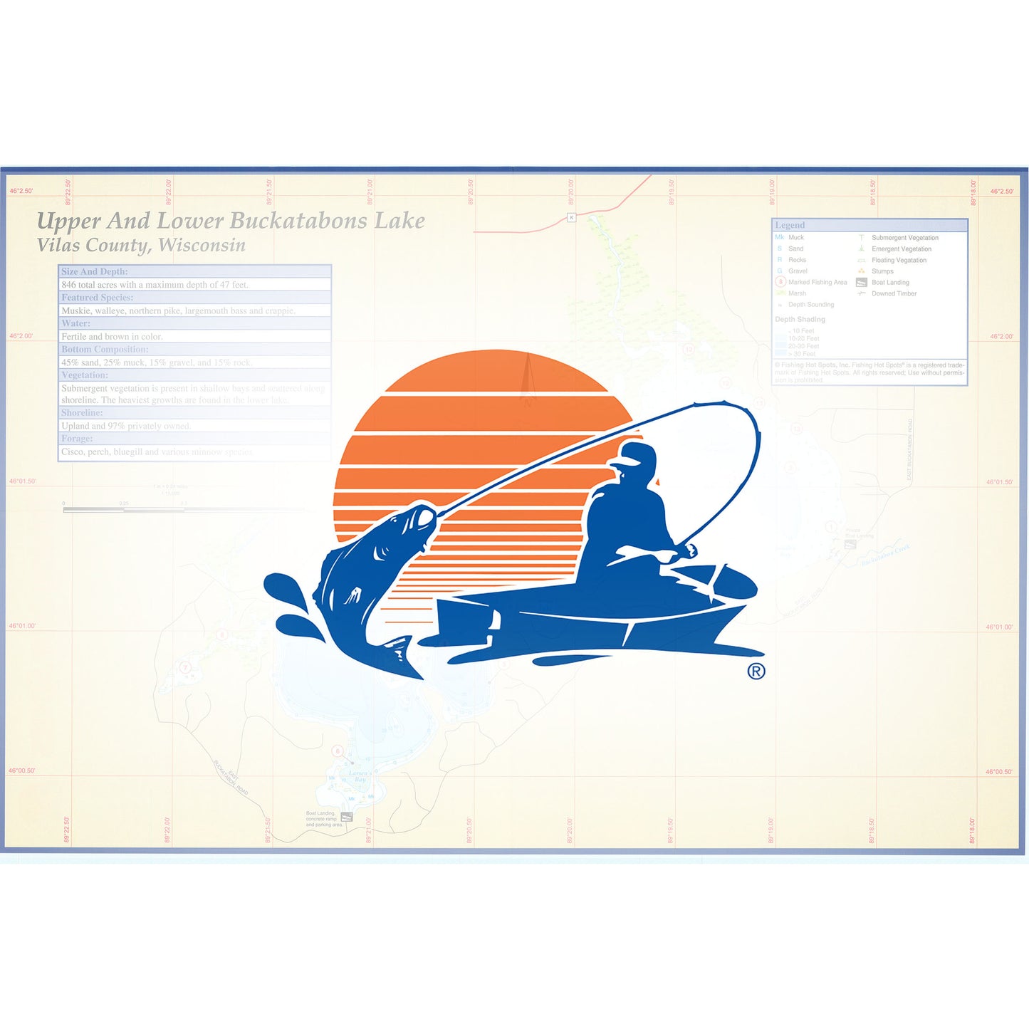 Buckatabon Lakes-Upper & Lower (Vilas Co) Fishing Map