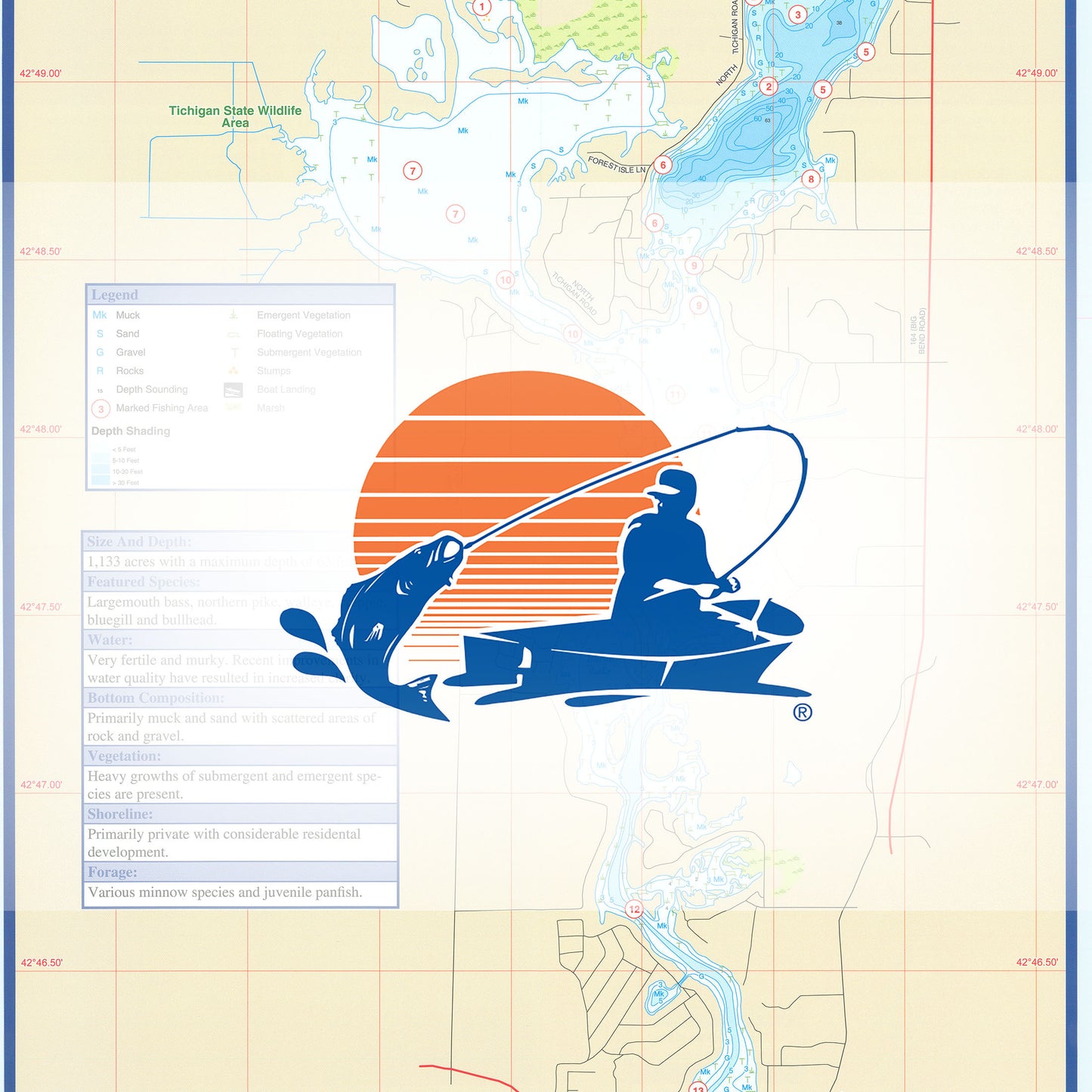 Tichigan Lake (Racine Co) Fishing Map