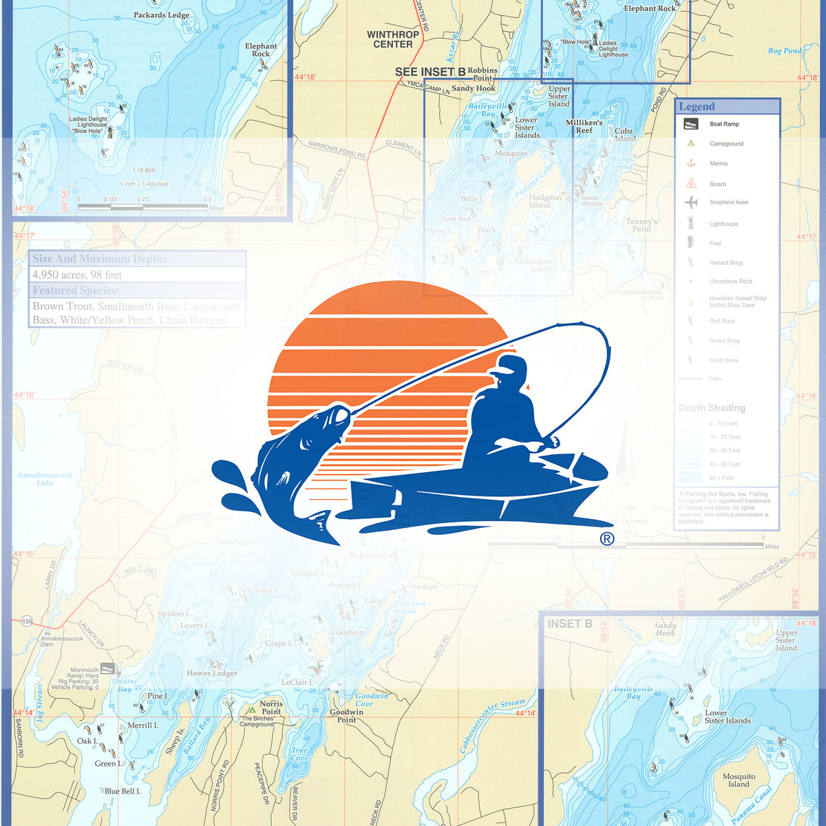 Cobbosseecontee Lake Fishing Map