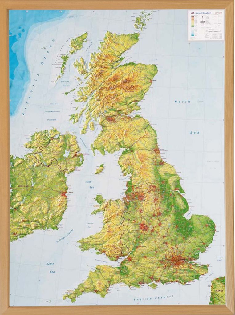 United Kingdom Raised Relief Map - Large, Natural Wooden Frame