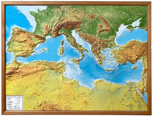 Mediterranean Sea Raised Relief Map - Large, Natural Wooden Frame