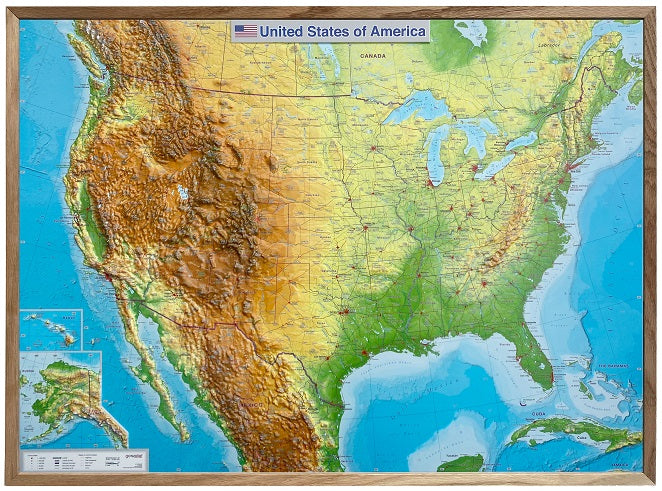 USA Raised Relief Map - Large, Natural Wooden Frame