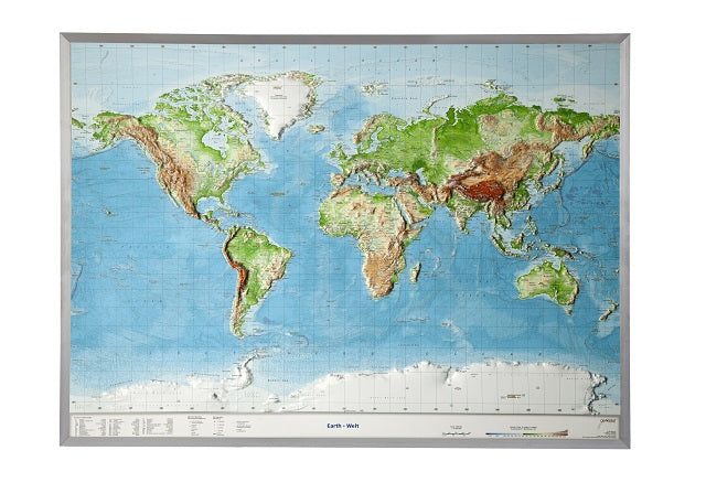 Earth Raised Relief Map - Large, Silver Aluminum Frame