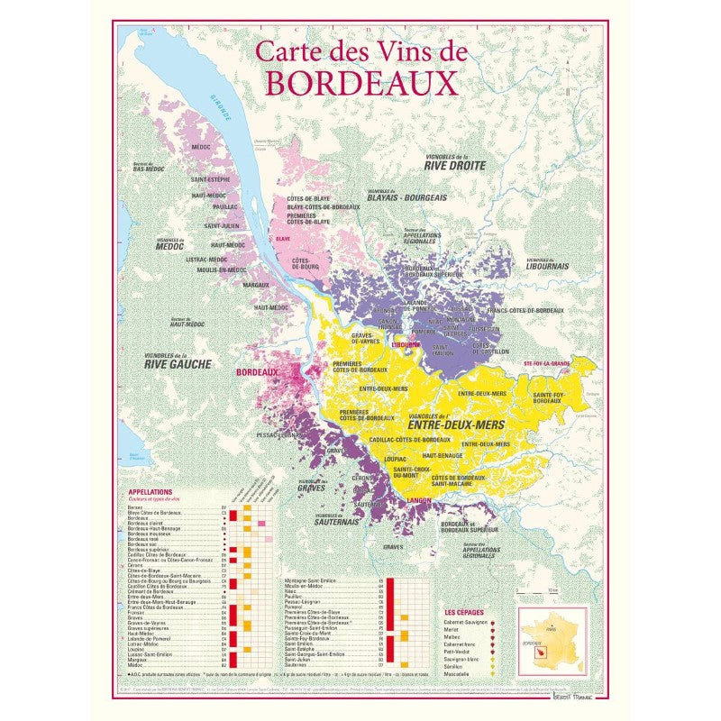 Bordeaux Region Wines & Vineyards Map (Vins de Bordeaux) - 30x40cm
