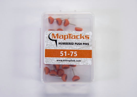 Map Push Pins, Orange, Numbered 51-75