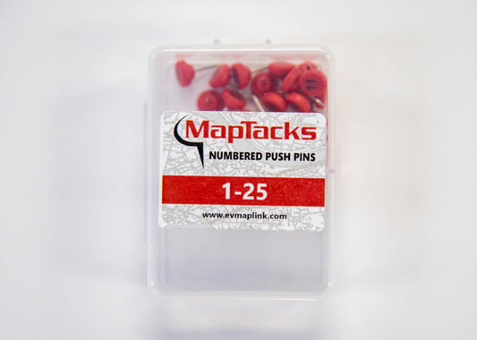 Map Push Pins, Red, Numbered 1-25