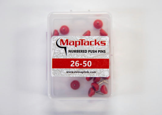 Map Push Pins, Red, Numbered 26-50