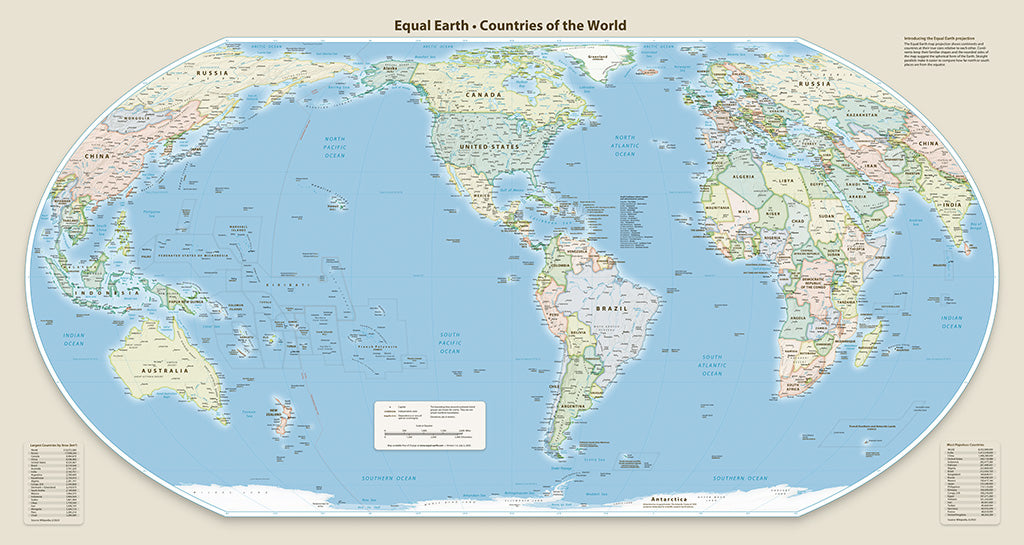 Equal Earth Political Wall Map - Americas Meridian - English - Premium Photo Paper