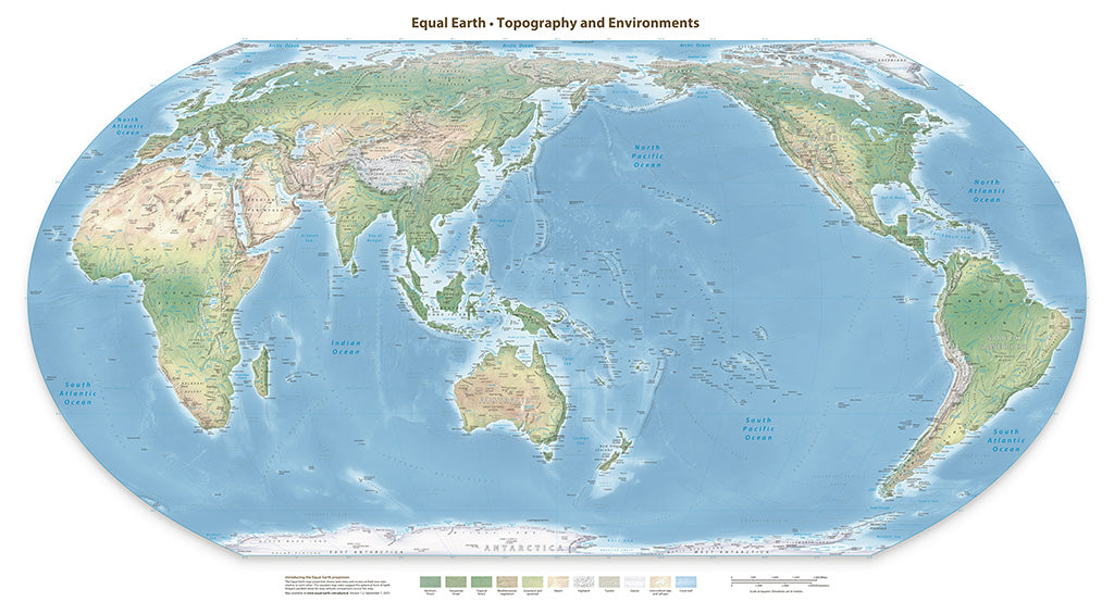 Equal Earth Physical Wall Map - East Asia Australia Meridian - English - Laminated