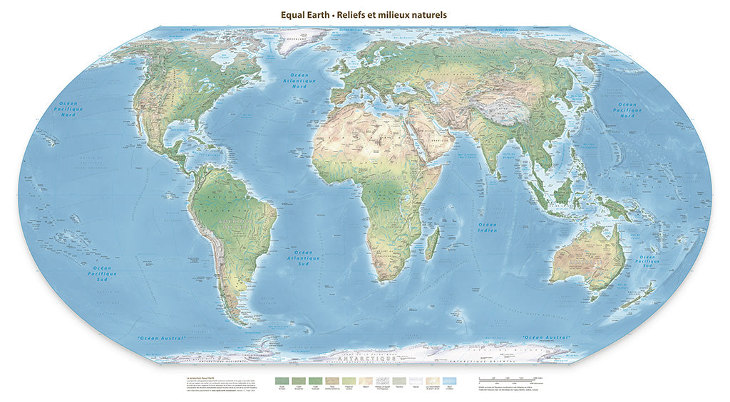 Equal Earth Physical Wall Map - Florence Meridian - French - Matte