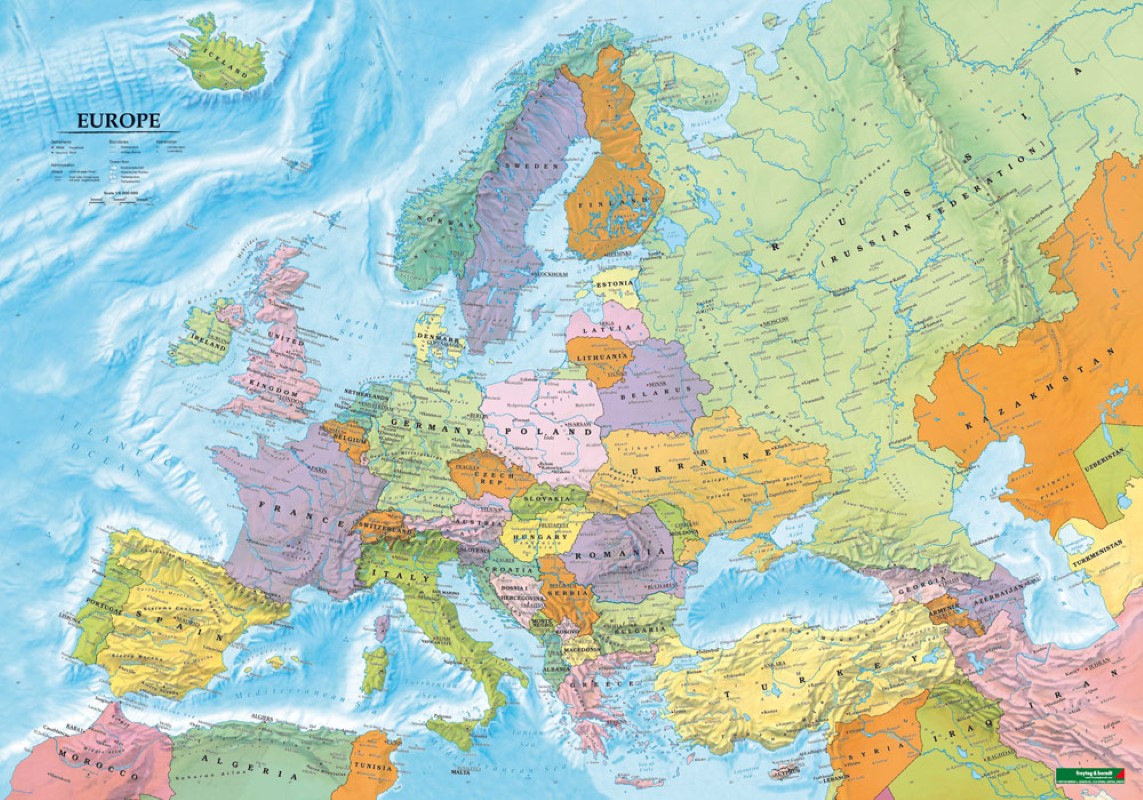 Europe political, wall map 1:600,000., with metal ledges in tube