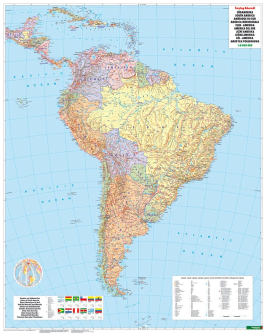 South America political, 1:8 000,000, wall map, metal bars