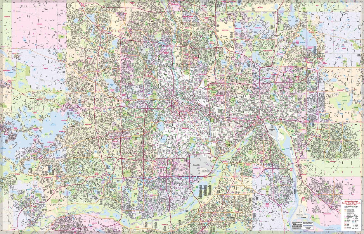 Twin Cities Streets Complete Laminated Street Map 1,000 Square Miles - 57.5" x 37"