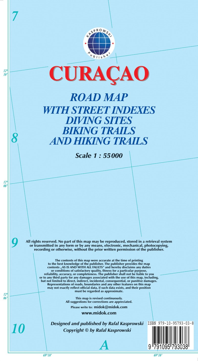 Curaçao : road map with street indexes diving sites biking trails and hiking trails