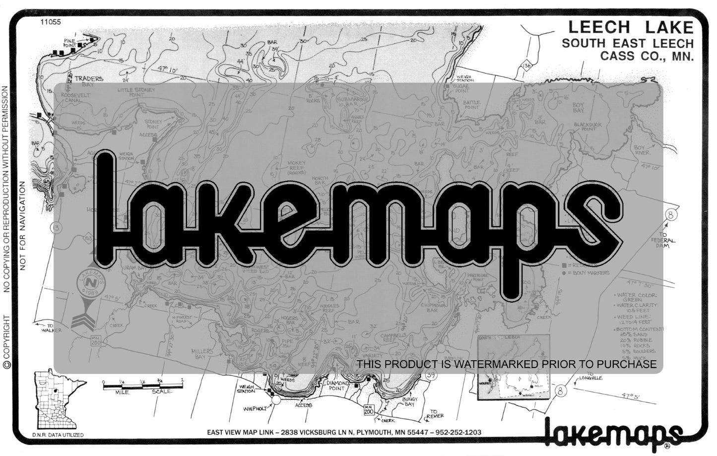 Cass County, MN - Leech Lake - South East Section - Lakemap - 11055