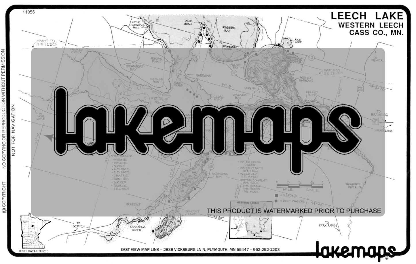 Cass County, MN - Leech Lake - Western Section - Lakemap - 11056