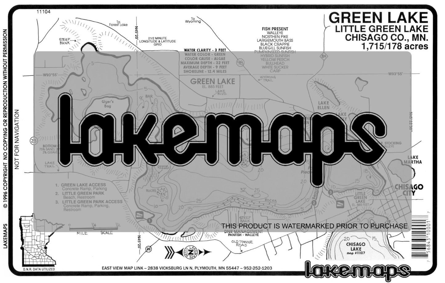 Chisago County, MN - GREEN / No. Green - Lakemap - 11104