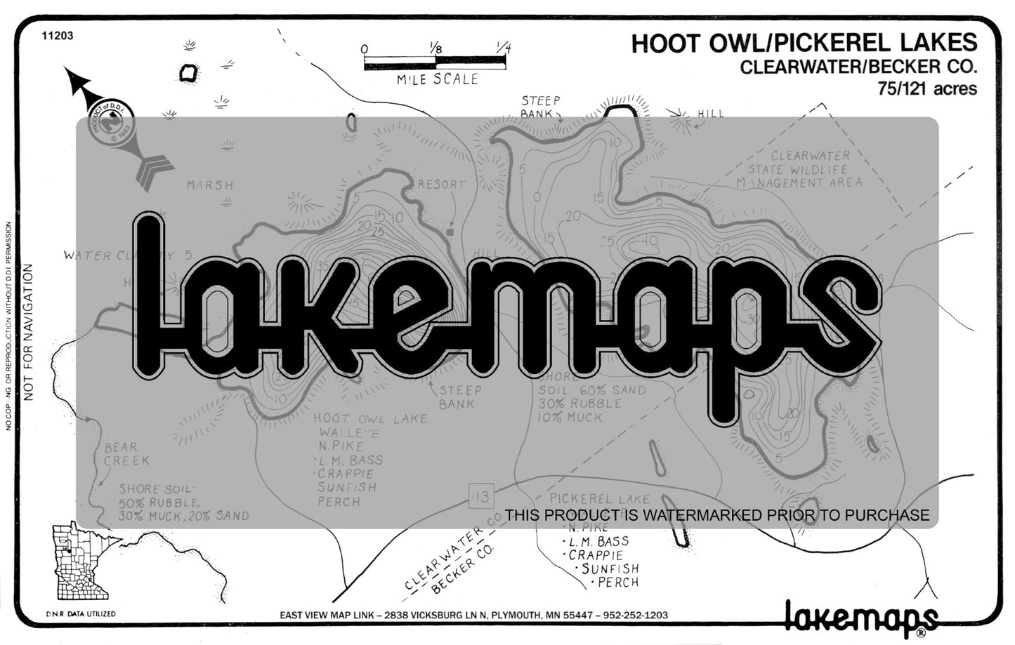 Clearwater County, MN - HOOT OWL / Pickerel - Lakemap - 11203