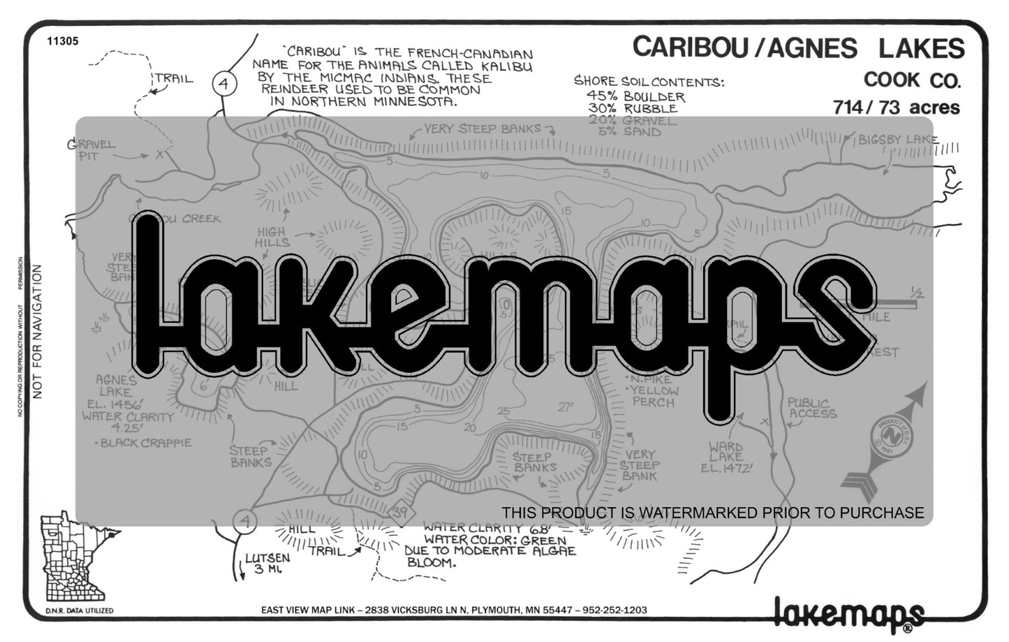 Cook County, MN - CARIBOU / Agnes - Lakemap - 11305