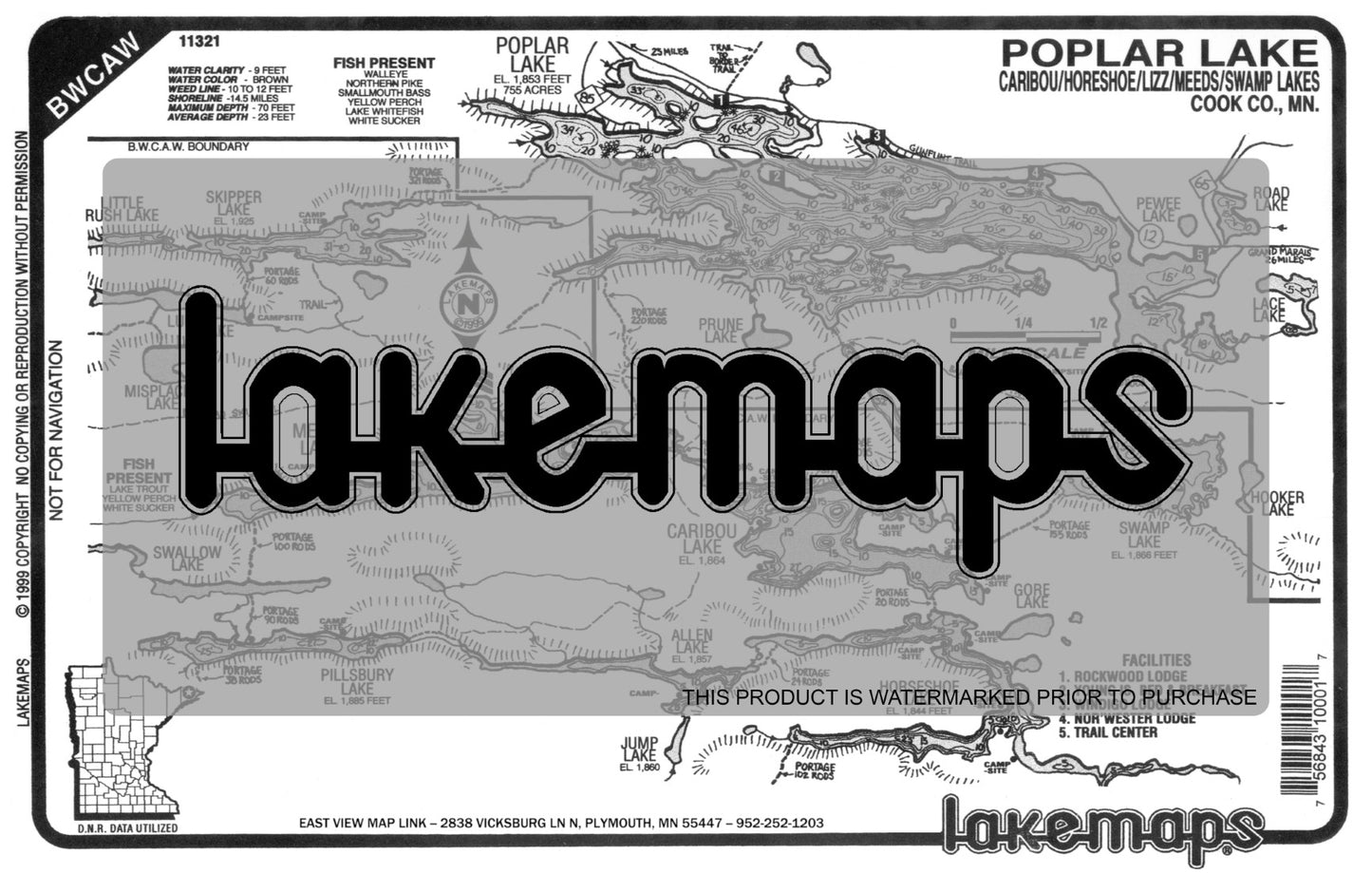 Cook County, MN - POPLAR /Caribou /Lizz / Meads - Lakemap - 11321