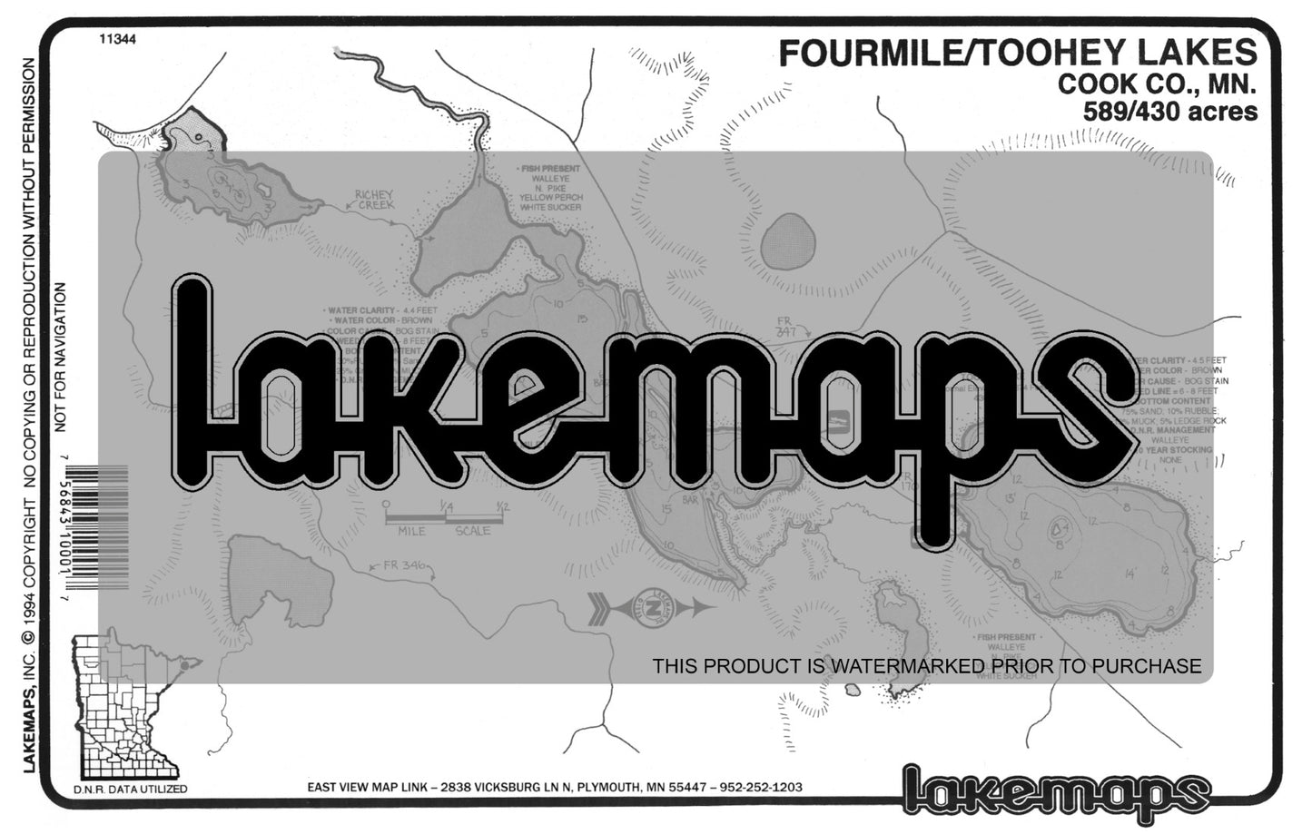 Cook County, MN - FOURMILE / Toohey - Lakemap - 11344