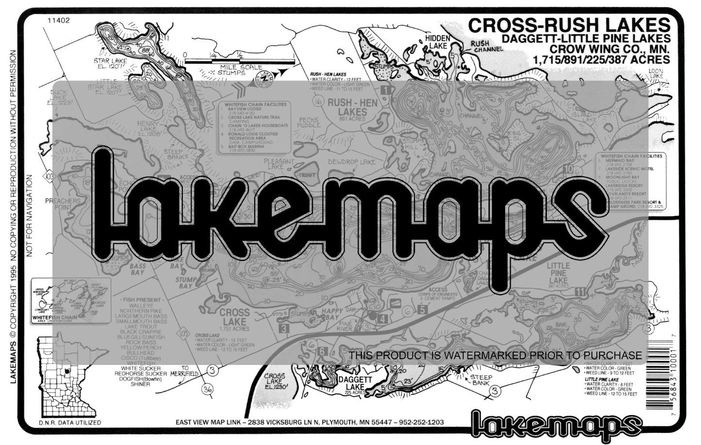 Crow Wing County, MN - Whitefish Lake Chain - CROSS- Rush/ Dagget -Little Pine - Lakemap - 11402