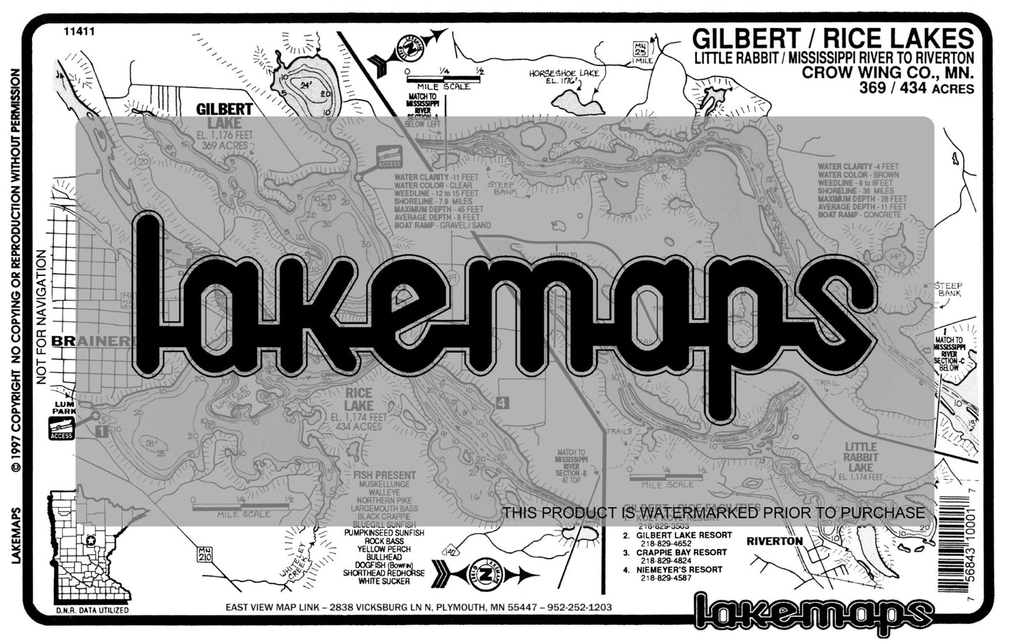 Crow Wing County, MN - GILBERT / Rice- Miss. River to Riverton - Lakemap - 11411