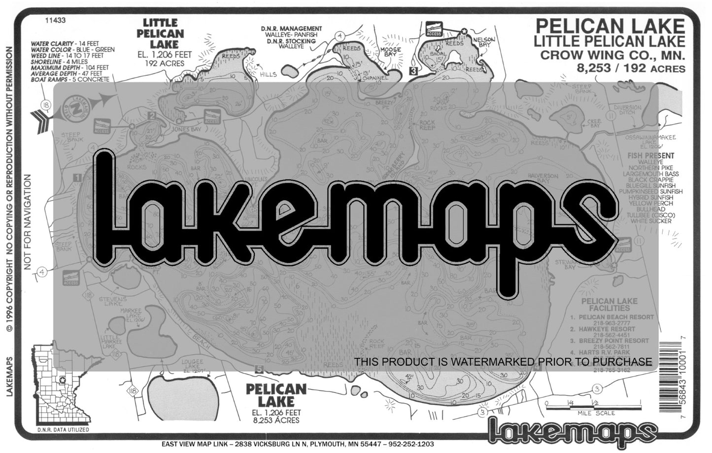 Crow Wing County, MN - PELICAN / Little Pelican - Lakemap - 11433