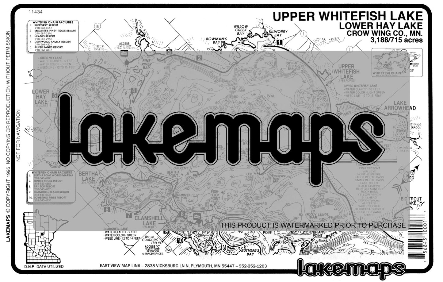 Crow Wing County, MN - Whitefish Lake Chain - UPPER WHITEFISH/ Low. Hay - Lakemap - 11434