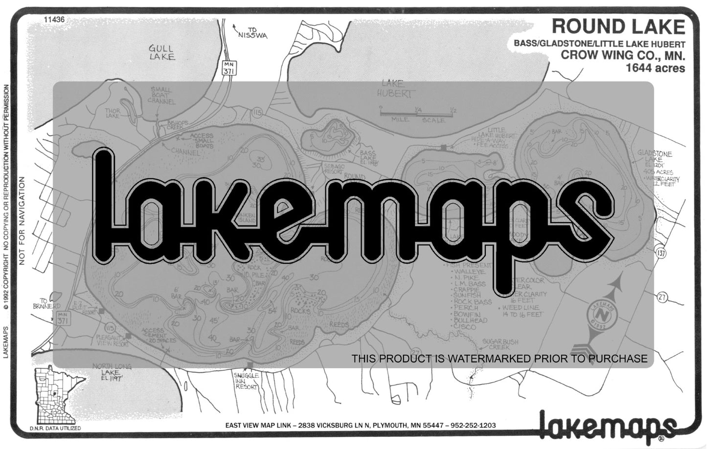 Crow Wing County, MN - ROUND / Bass / Gladstone - Lakemap - 11436