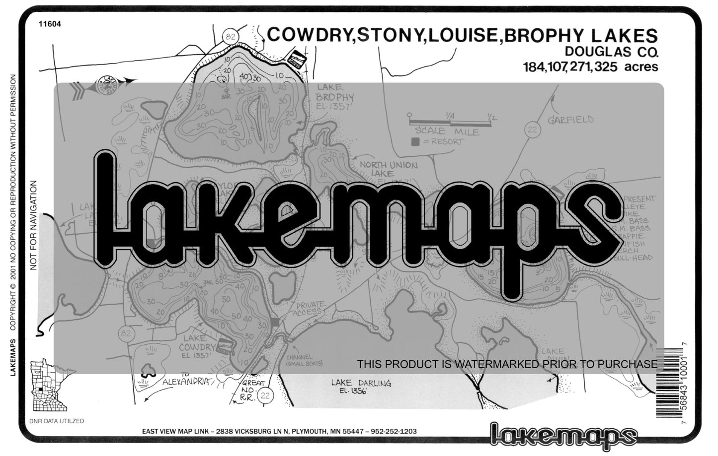 Douglas County, MN - COWDRY / Stony / Louise - Lakemap - 11604