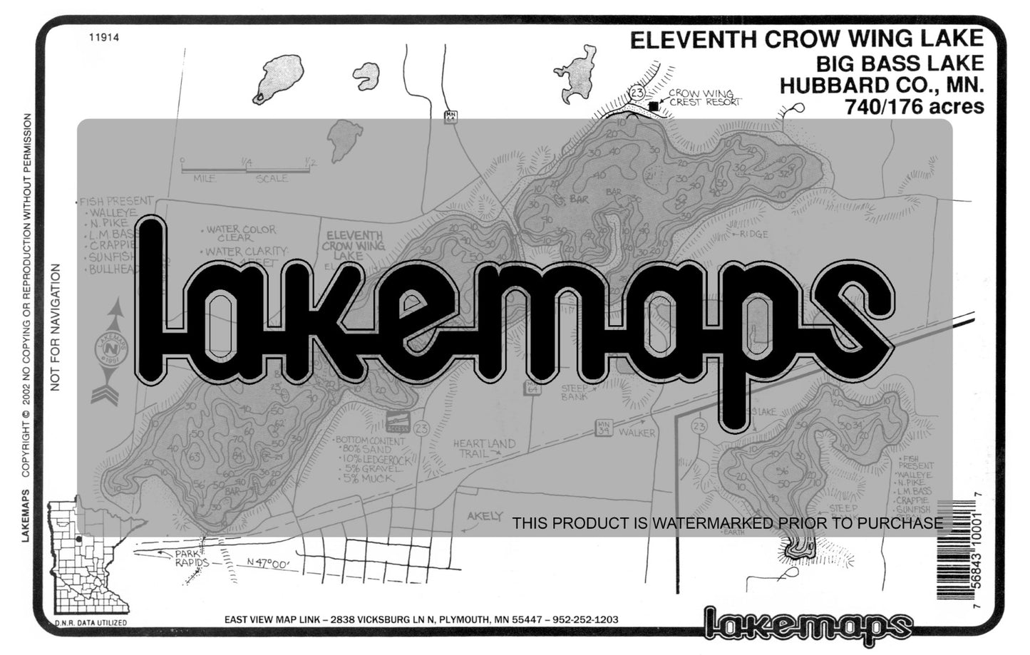 Hubbard County, MN - 11TH CROW WING / Bass - Lakemap - 11914