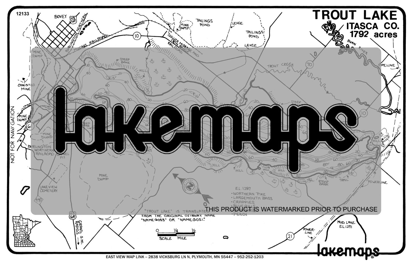 Itasca County, MN - TROUT (near COLERAINE) - Lakemap - 12133