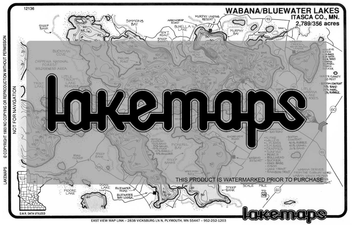 Itasca County, MN - WABANA/ L. Wabana/ Bluewater - Lakemap - 12136