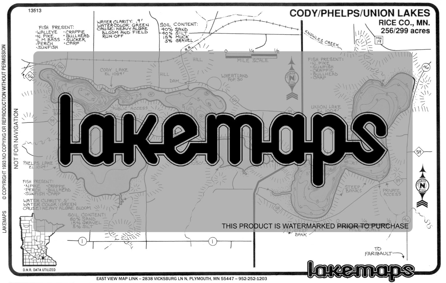 Rice County, MN - CODY / Phelps / Union - Lakemap - 13513