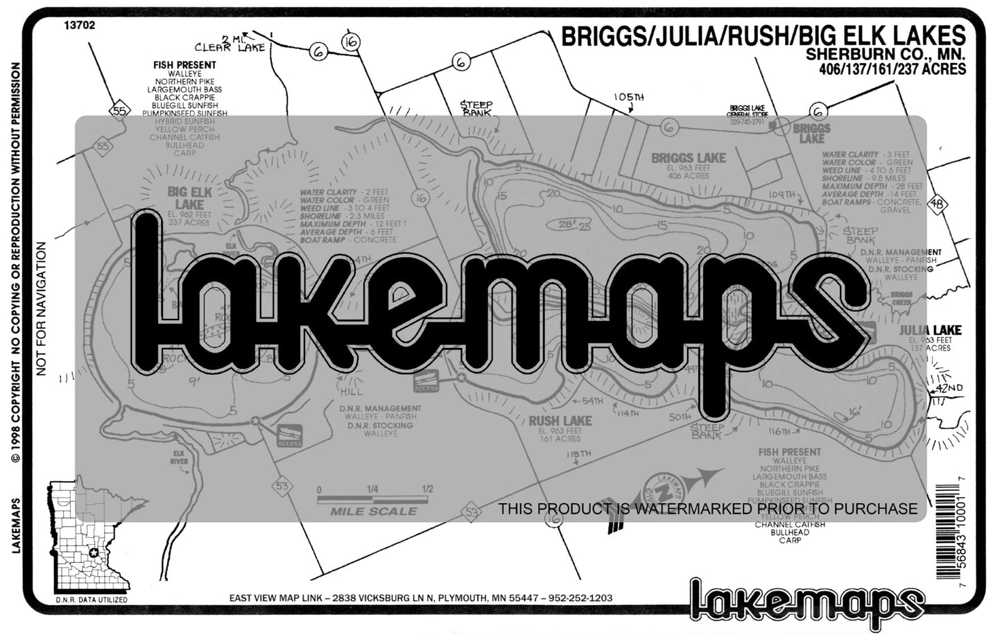 Sherburn County, MN - BRIGGS / Julia / Rush / Big Elk - Lakemap - 13702
