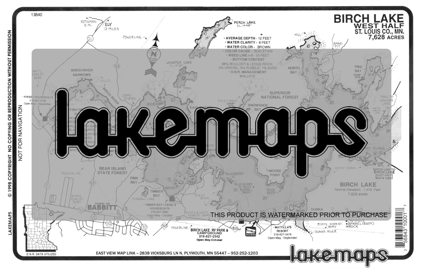 St. Louis County, MN - Birch Lake - West BIRCH - Lakemap - 13840