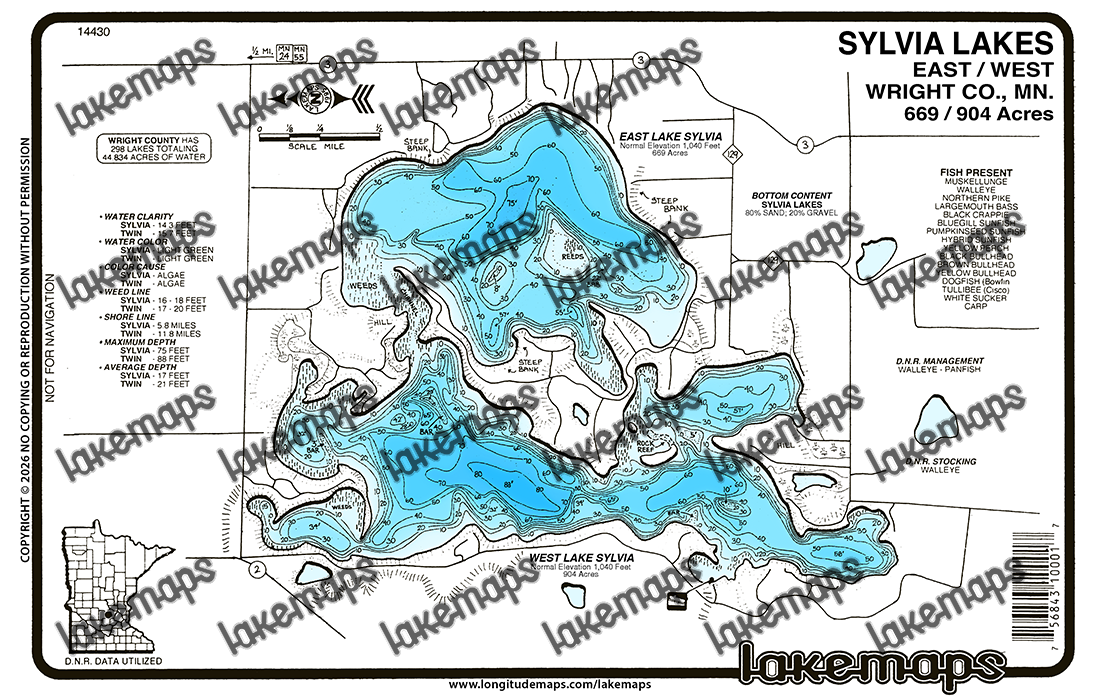 Wright County, MN - SYLVIA, East/West - Lakemap - 14430