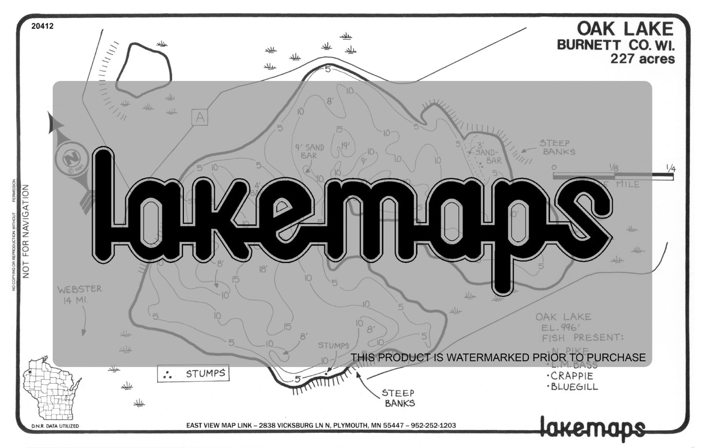 Burnett County, WI - OAK - Lakemap - 20412