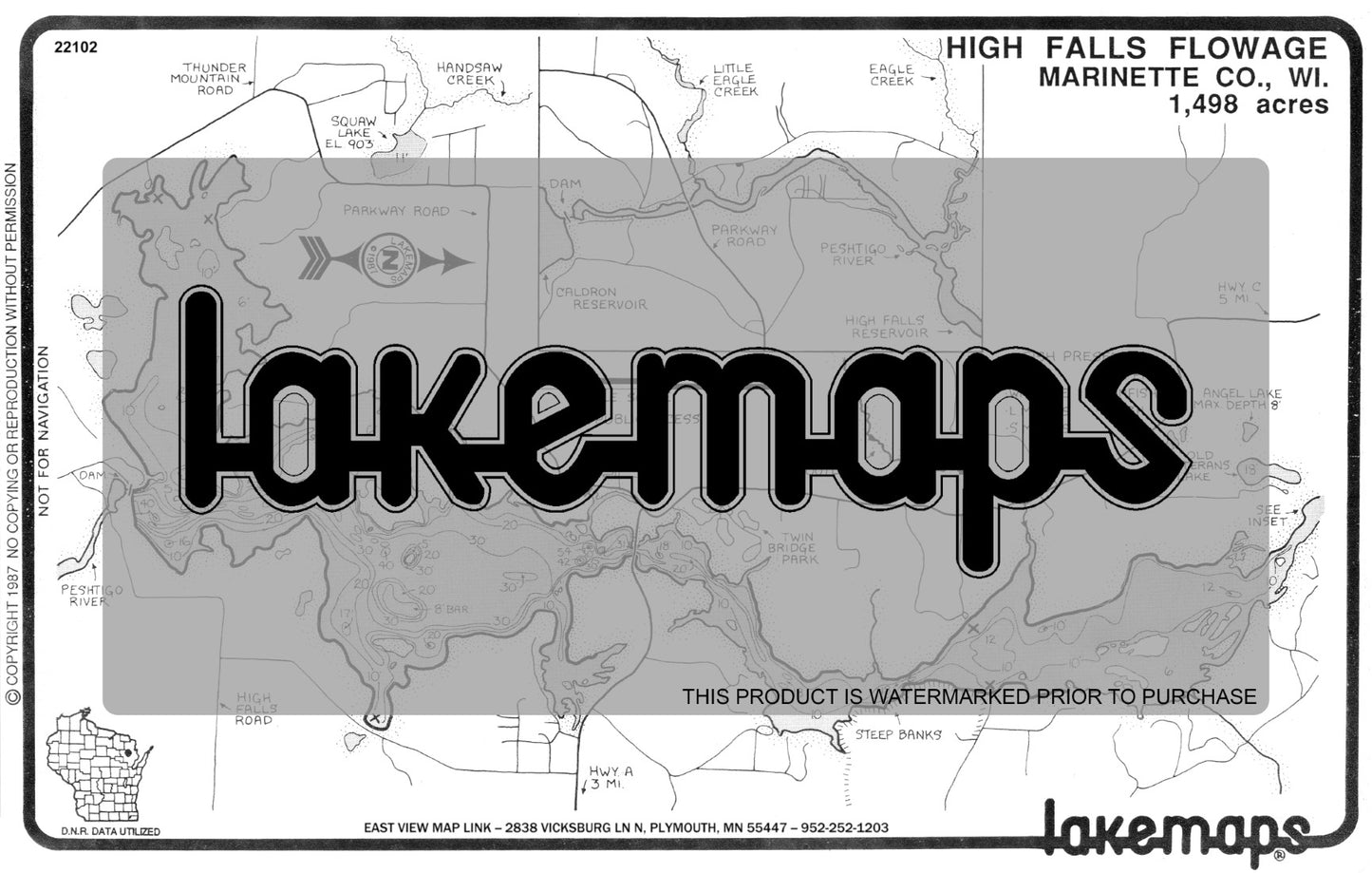 Marinette County, WI - HIGH FALLS RES. - Lakemap - 22102