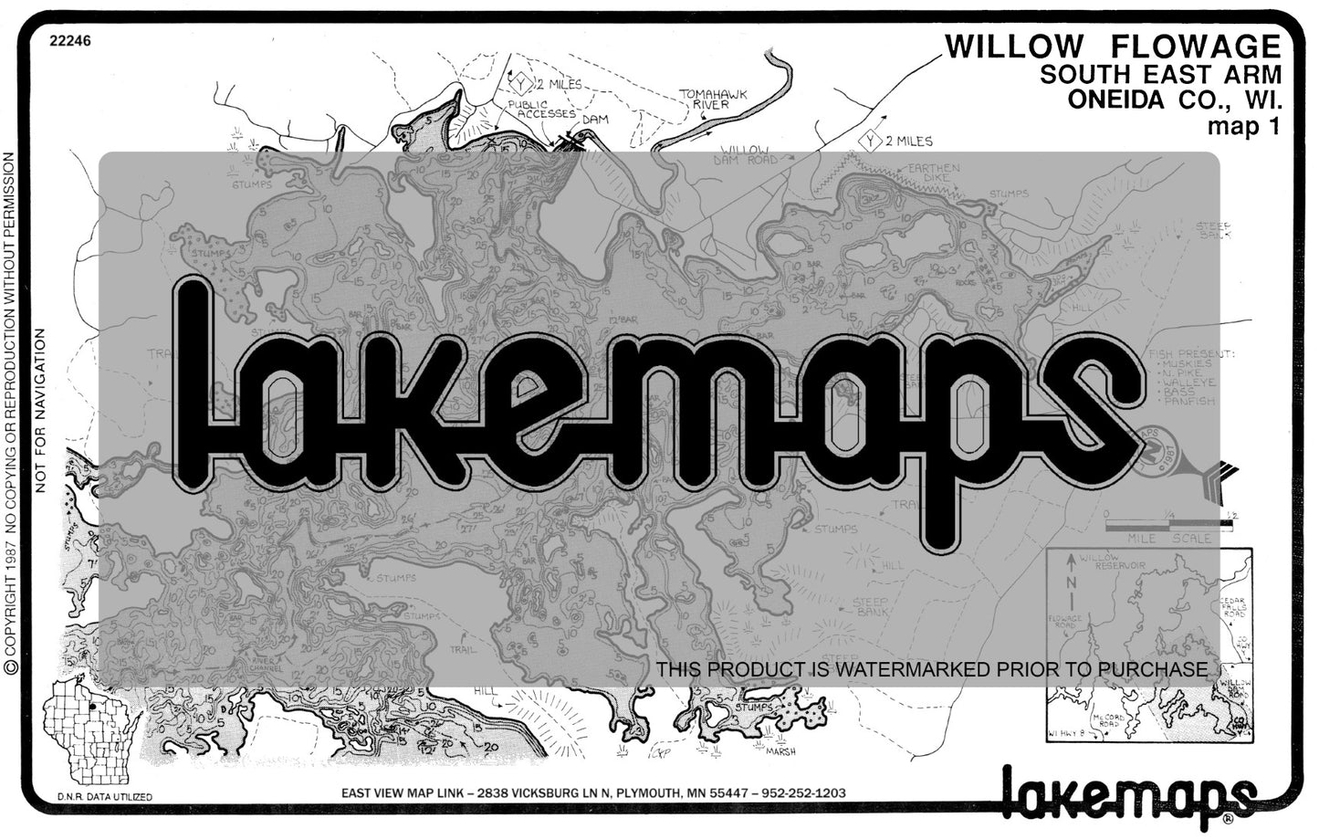 Oneida County, WI - Willow Flowage - South East Arm (Dam No.) - Lakemap - 22246