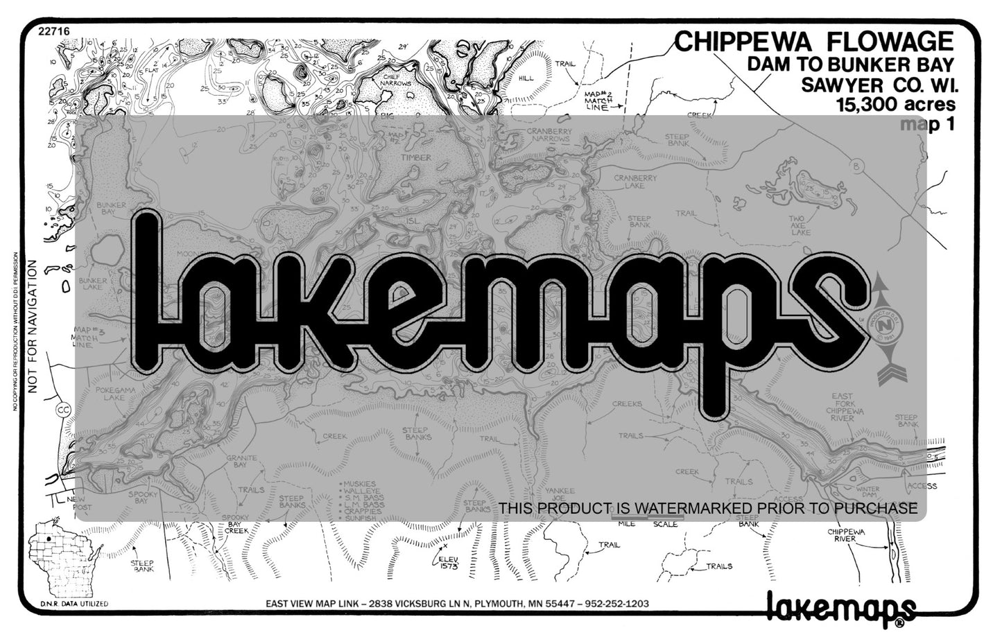Sawyer County, WI - CHIPPEWA FLOWAGE - Map 1 - Dam to Big Timber Is. / Two Axe Lk - Lakemap - 22716