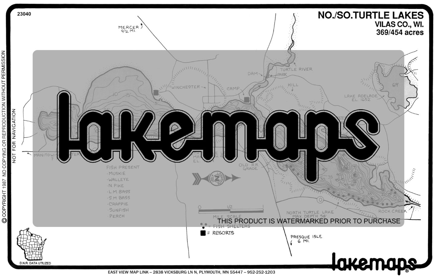 Vilas County, WI - TURTLE - No./ So. - Lakemap - 23040