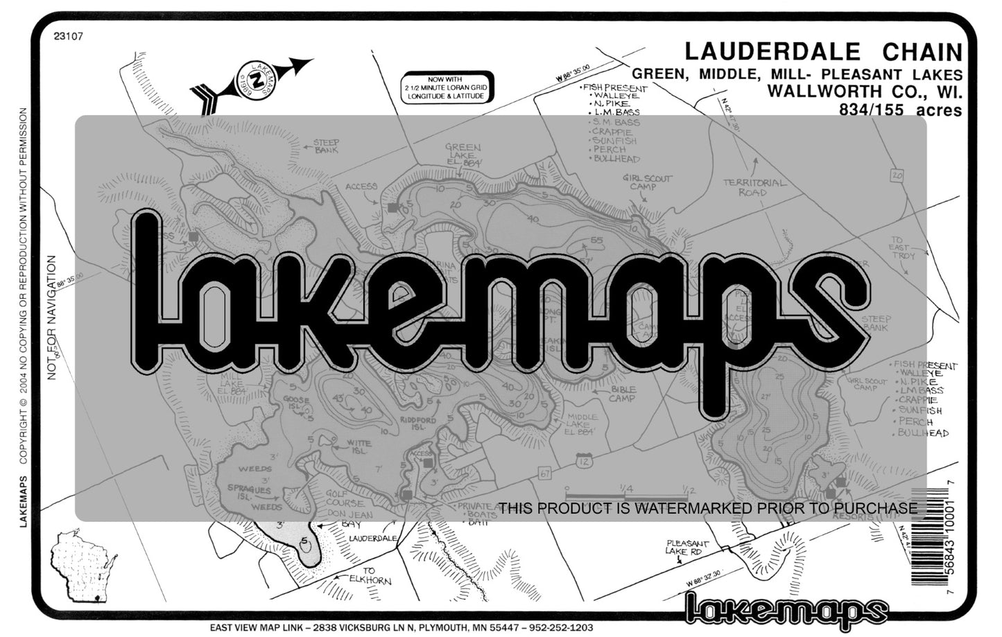Walworth County, WI - LAUDERDALE CHAIN (Green/Middle/Mill Lakes) - Lakemap - 23107