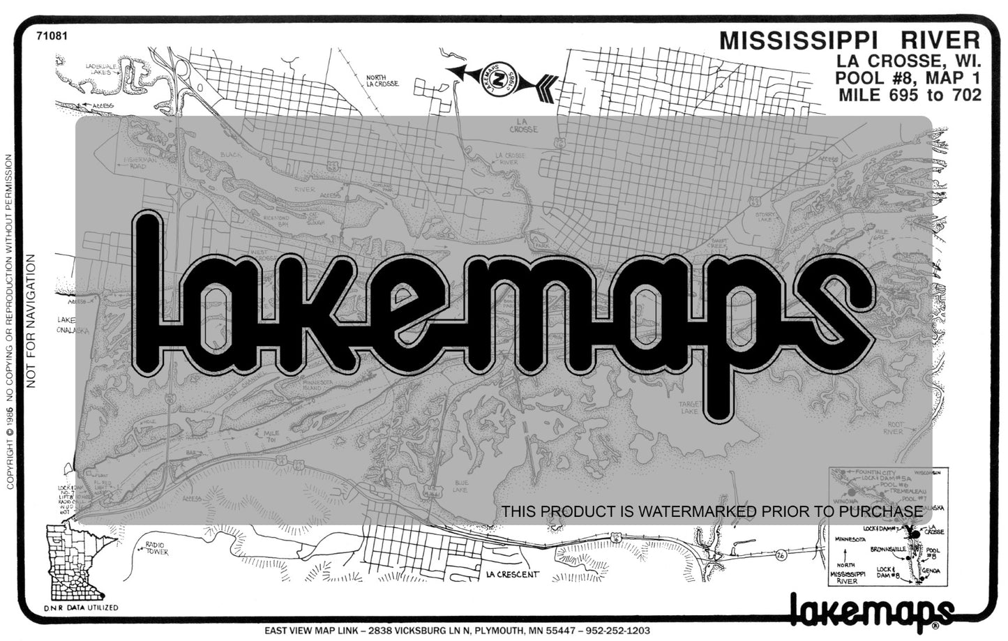 Mississippi River - Mississippi River Pool 8 - LA CROSSE, Wis. Mile 695 to 702 (Pool #8, map 1) - Lakemap - 71081