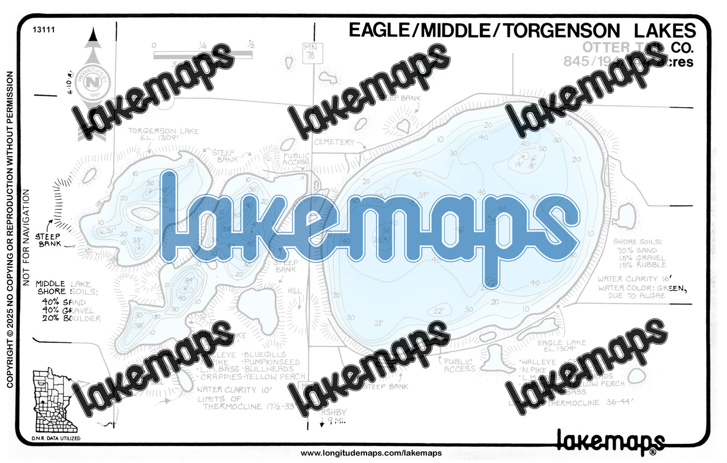 Otter Tail County, MN - EAGLE / Middle / Torgenson - Lakemap - 13111