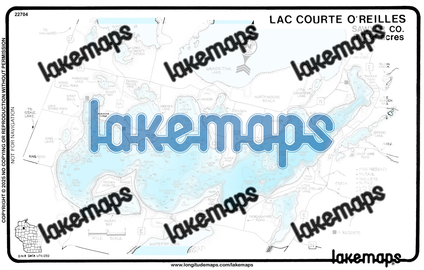 Sawyer County, WI - LAC COURTE O'REILLES / L. Lac Courte O'Reilles / Durphee / Johnson / Schoolhouse / Gurno - Lakemap - 22704